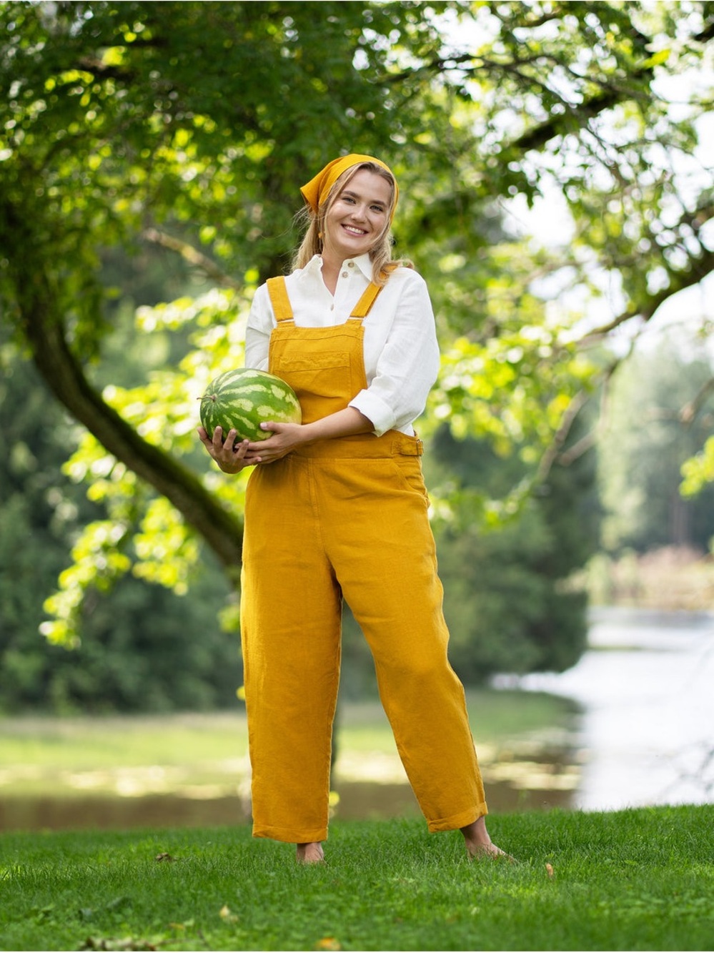 Menique Spicy Yellow Nicci Pinafore Linen Utility Jumpsuit Overall Bib Dungaree